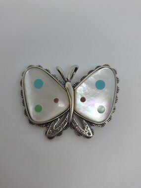 Mother of Pearl, Turquoise, Coral & Sterling Butterfly Pendant/Brooch by Relios
